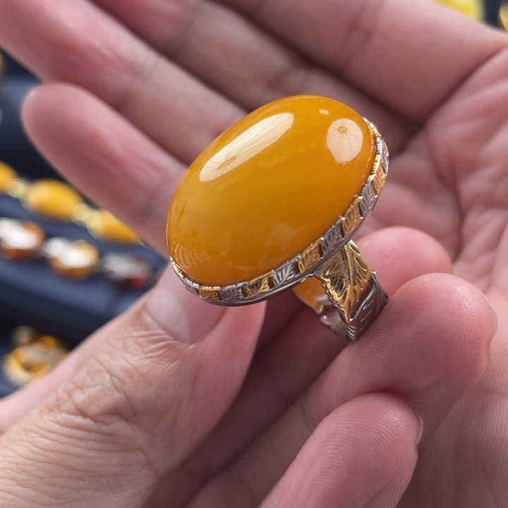 蜜蜡戒指银S925镀金镶嵌