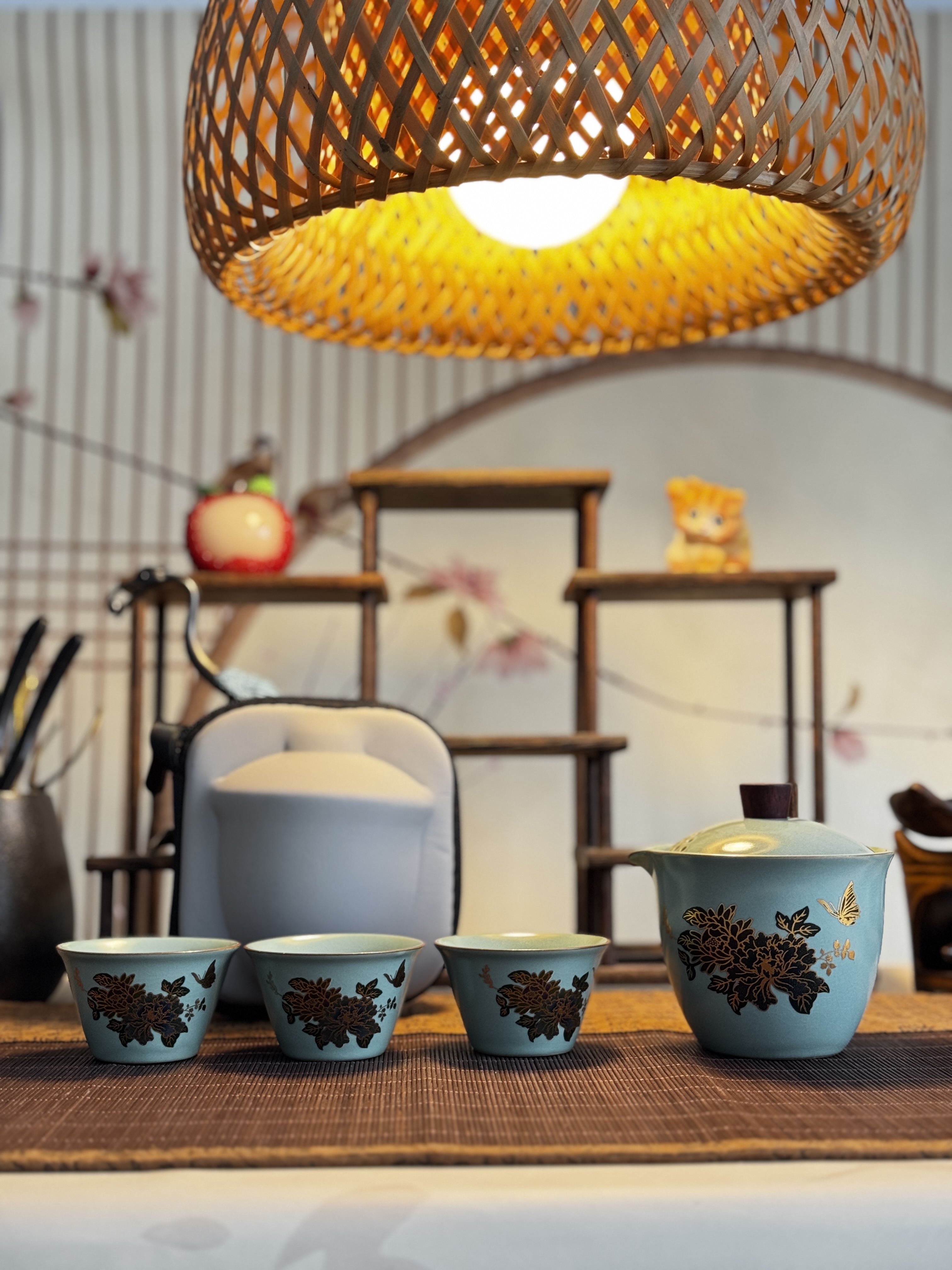 灰绿【变色牡丹】盖碗+3杯旅行茶具