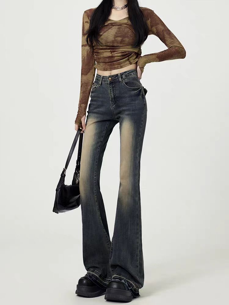 2025秋冬牛仔裤设计感牛仔复古高腰喇叭裤拍2条送腰带【默认瑕疵】