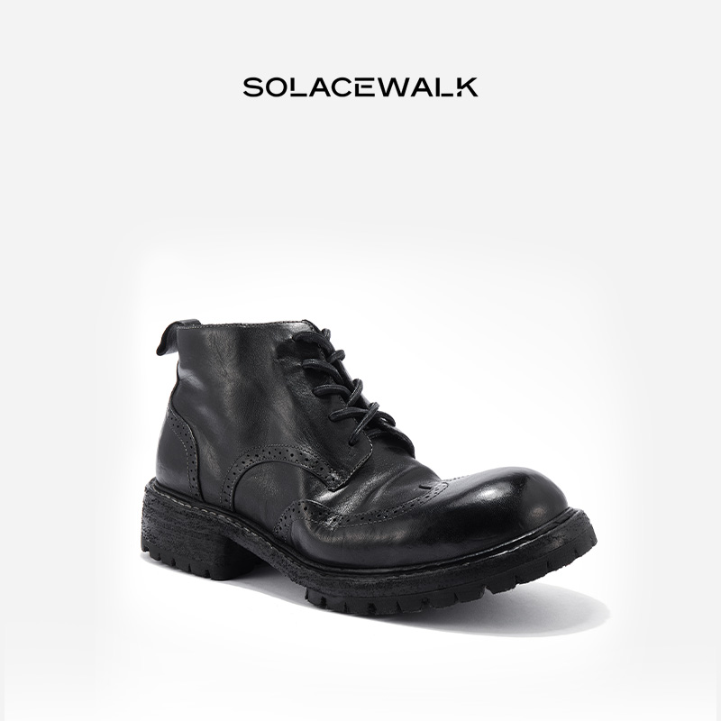 防滑黑色水洗马皮雕花男靴百搭舒适固特异复古秋冬英伦风真皮靴