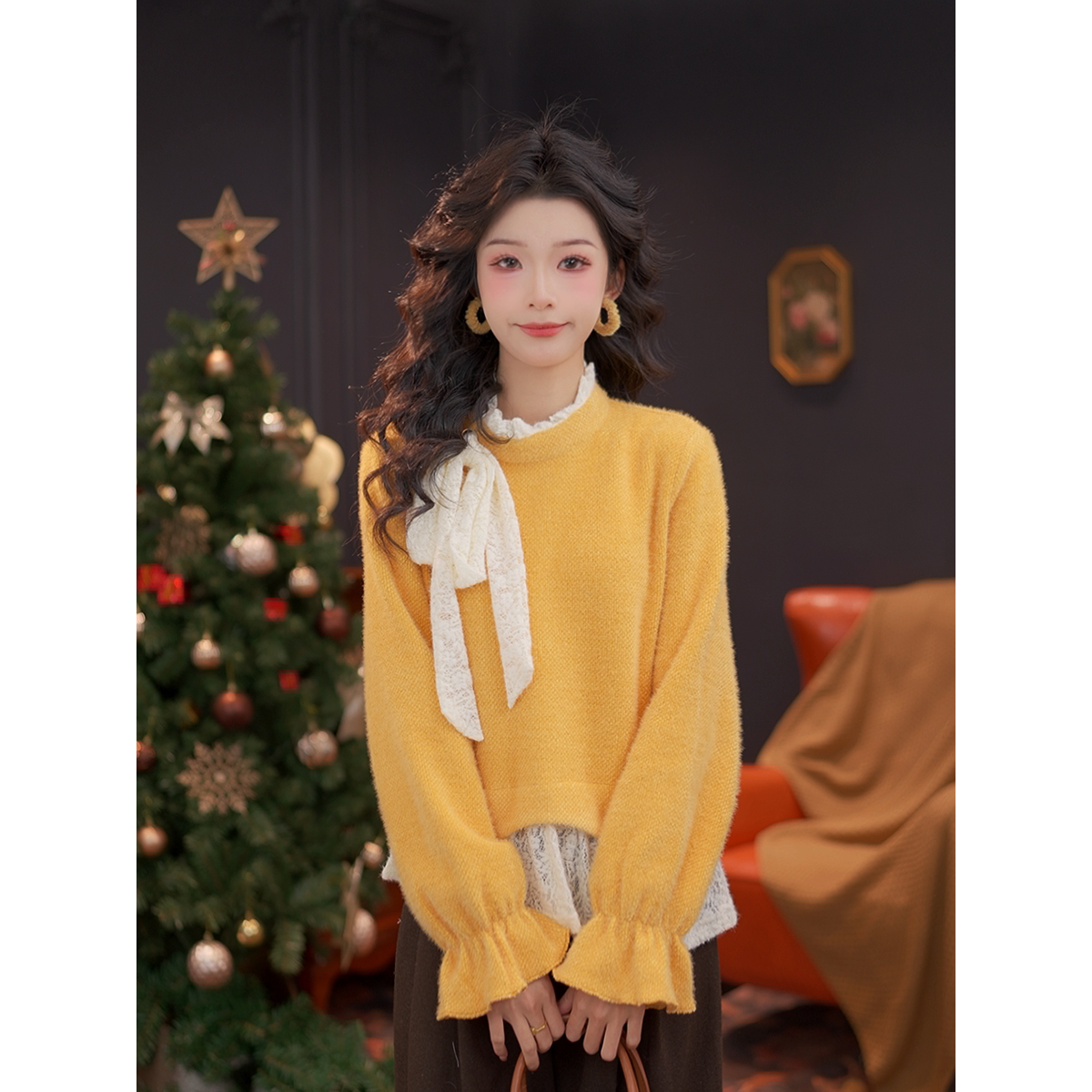 DaYuanSAD【青栀】思思复古蕾丝拼接假两件女叠穿长袖针织衫#S15234