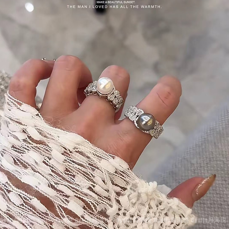 铜合金仿珍珠戒指 珍珠戒指开口可调节食指戒法式设计指环J0266