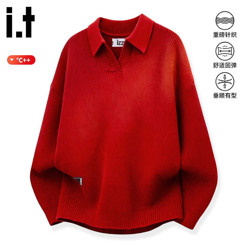 i.t izzue新年红色毛衣男女秋季简约重磅针织衫潮牌老钱风打底衫B