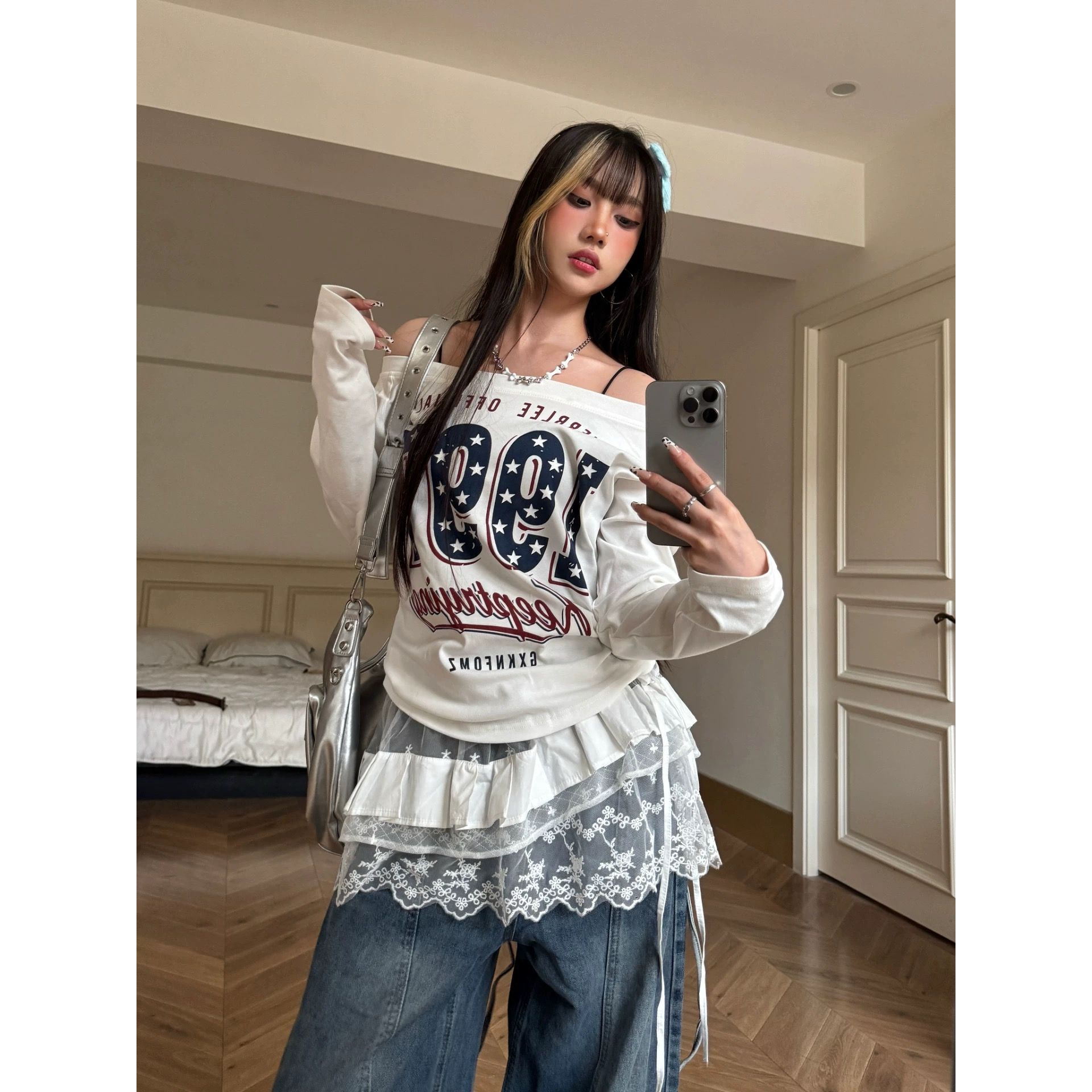 VOID早秋设计感小众美式复古辣妹露肩长袖T恤女印花显瘦宽松上衣