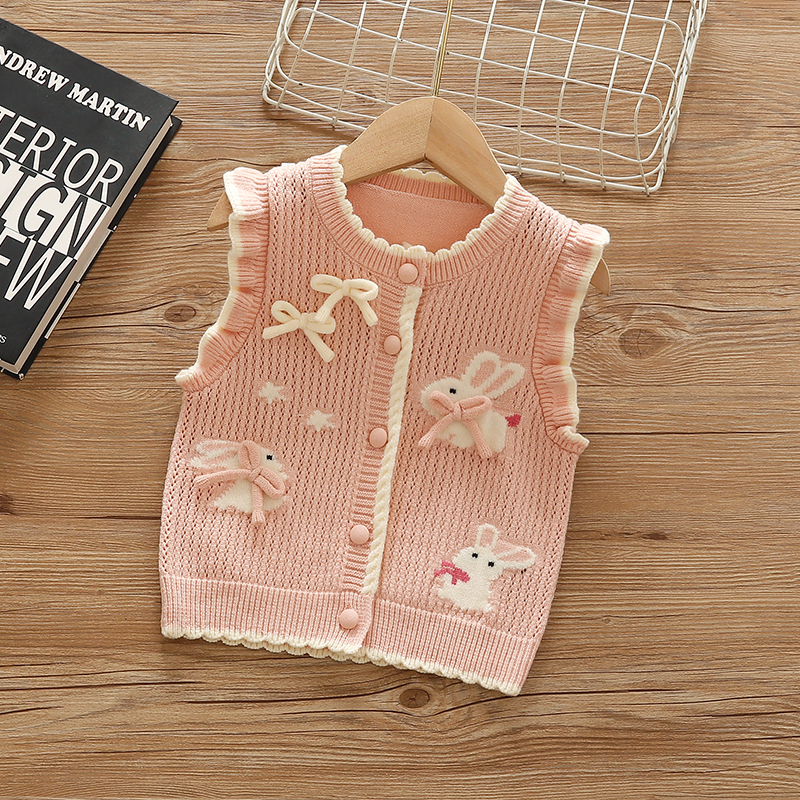 女童小兔蝴蝶结开衫马甲2025新款小童马夹外穿婴儿针织儿童背心