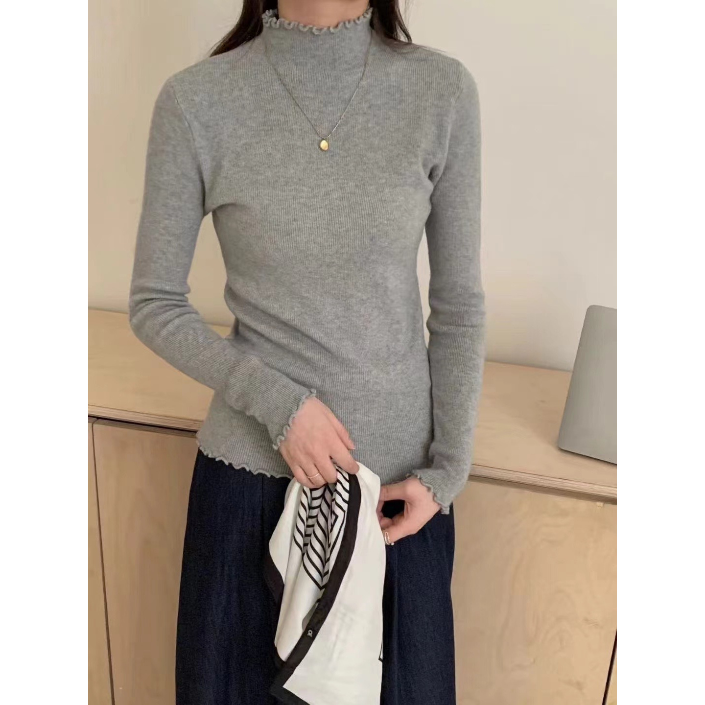【花边领】2025花边领新款毛衣女秋冬打底衫修身百搭打底套头针织衫