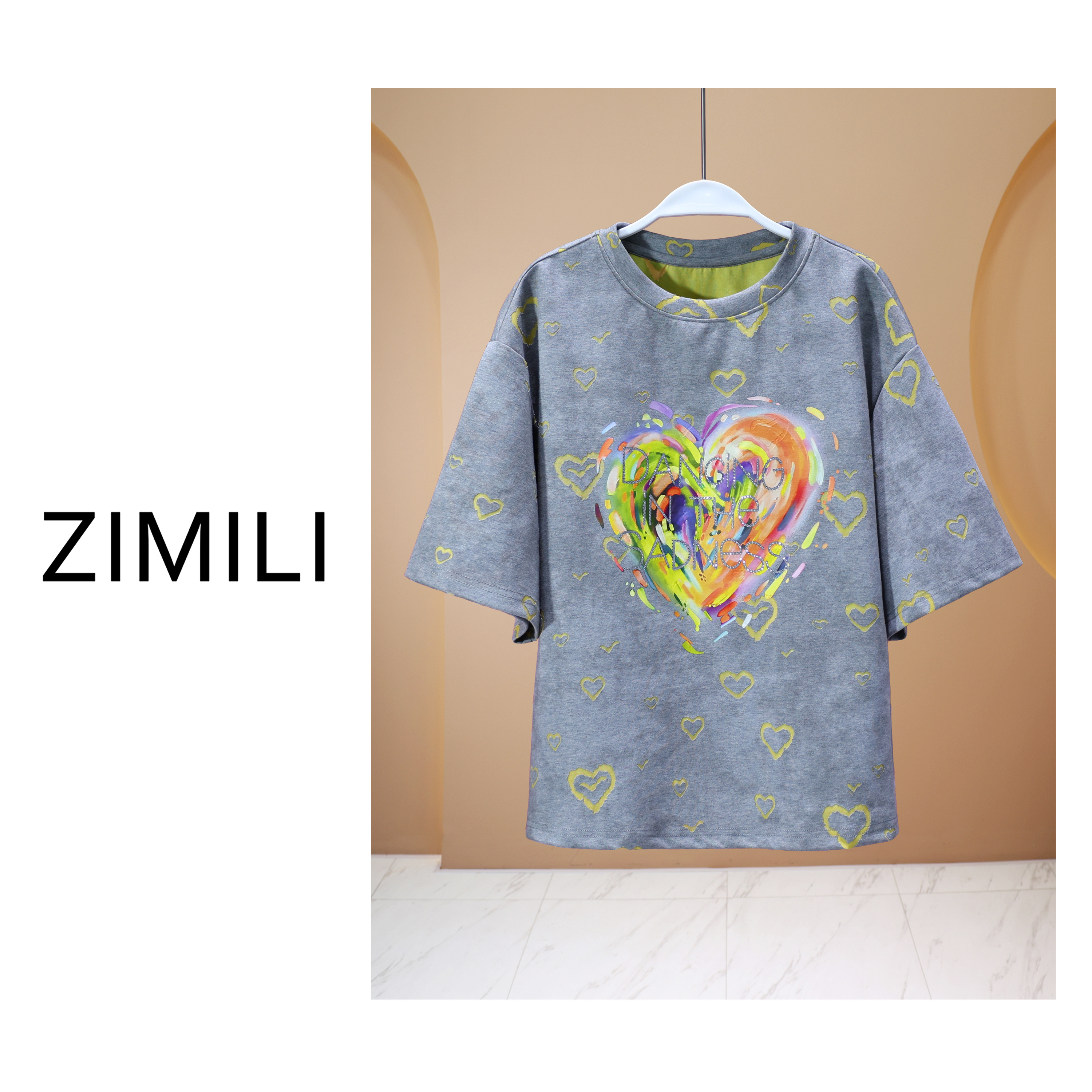 【亮哥女装】2025欧货设计时空灰爱心印花烫钻时尚休闲短袖7959-C8