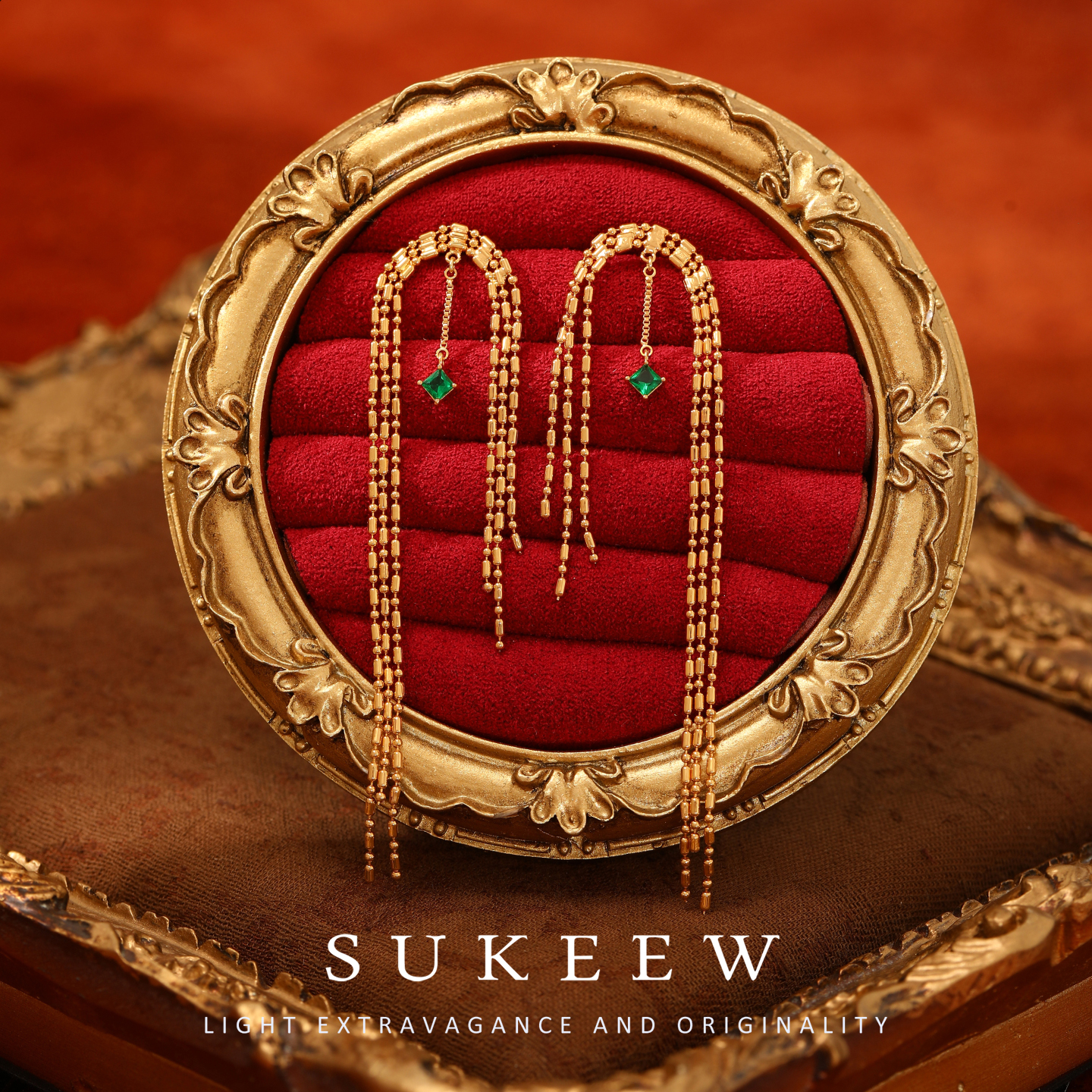 SUKEEW/酥可 镀k金【金缕翠影】气质长流苏方糖耳环292113