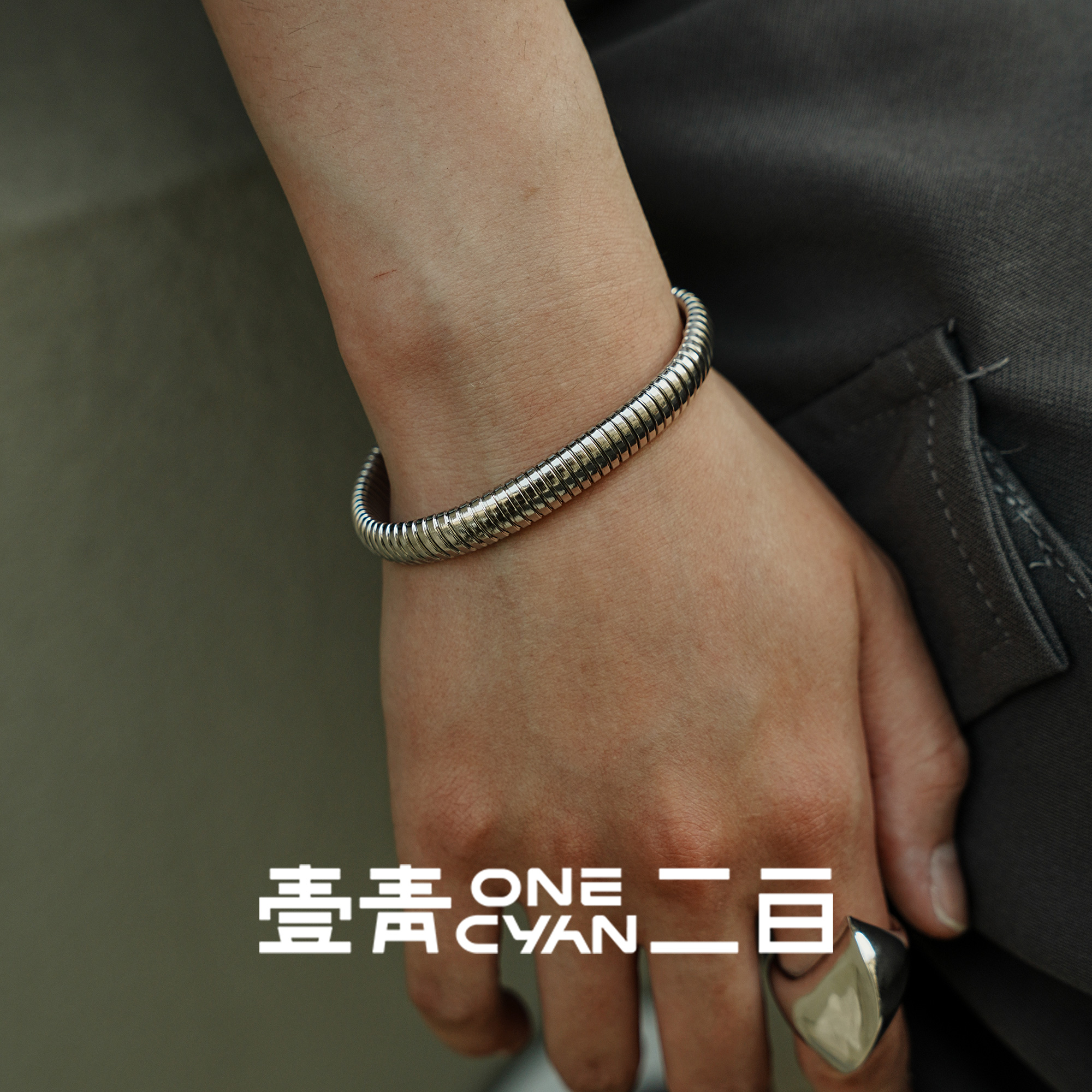 925银手链 《银皮筋》纯银科技百搭做旧弹力皮筋手链时尚简约男款