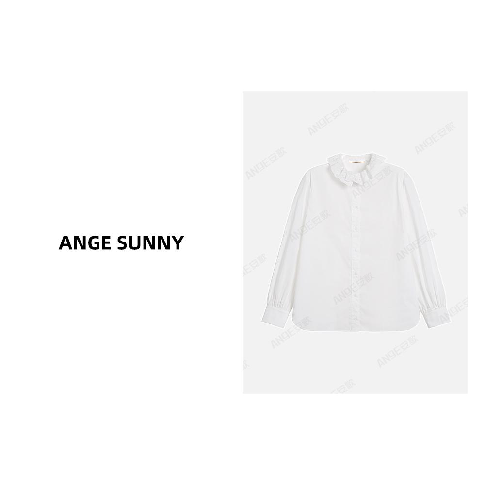 曲阳 ANGE SUNNY【蕾丝领白色衬衫】人丝蕾丝花边领40织府绸棉上衣