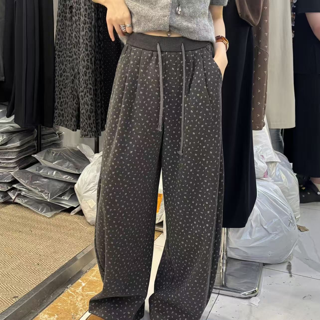 新款小碎花高腰阔腿裤休闲百搭时尚秋冬季长裤