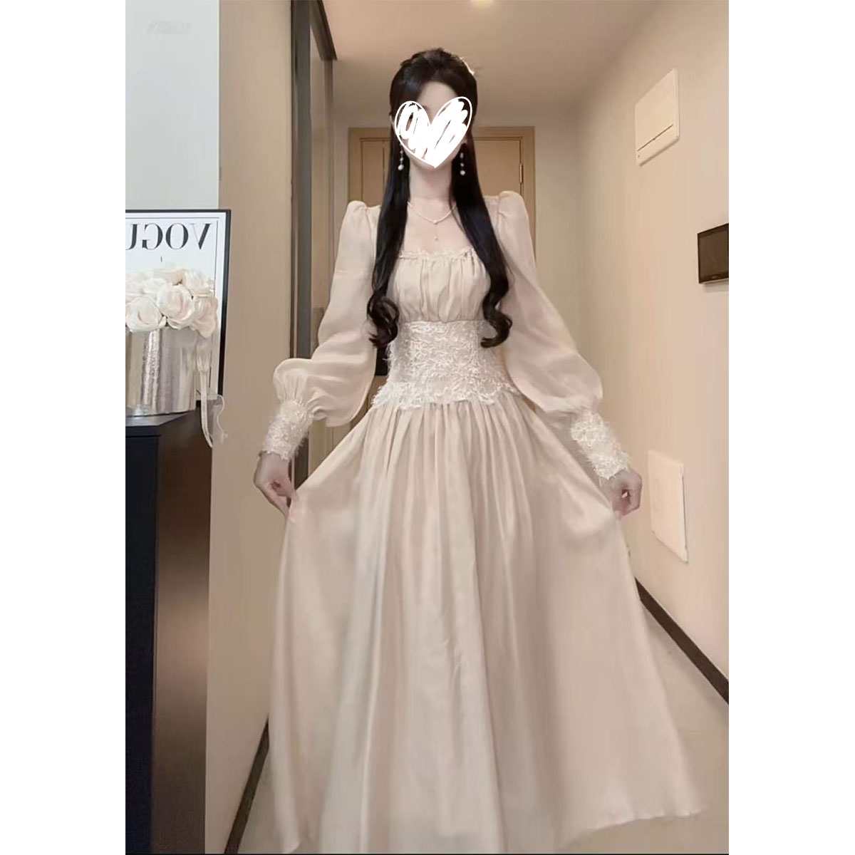 【3567】法式复古蕾丝拼接方领连衣裙女设计感收腰显瘦气质长裙子