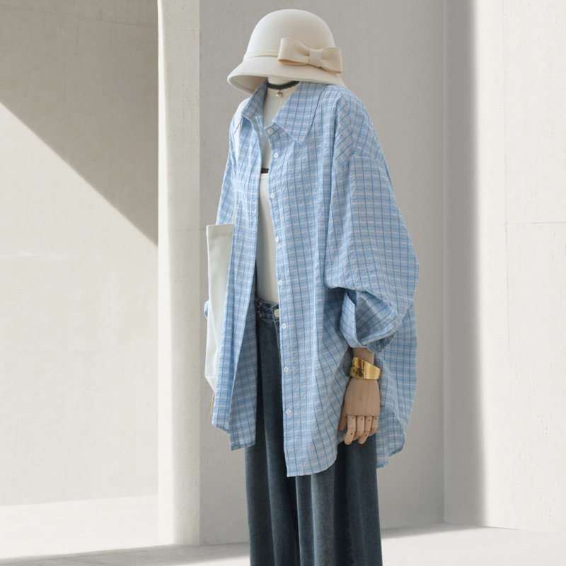新款蓝色格子秋款衬衫女韩系通勤气质宽松显瘦衬衣长袖休闲秋季