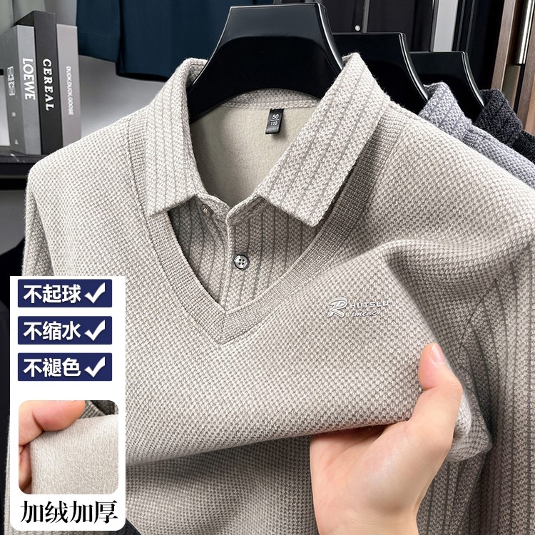 男士加绒加厚假两件毛衣保暖假两件秋冬男款毛衣翻领针织男