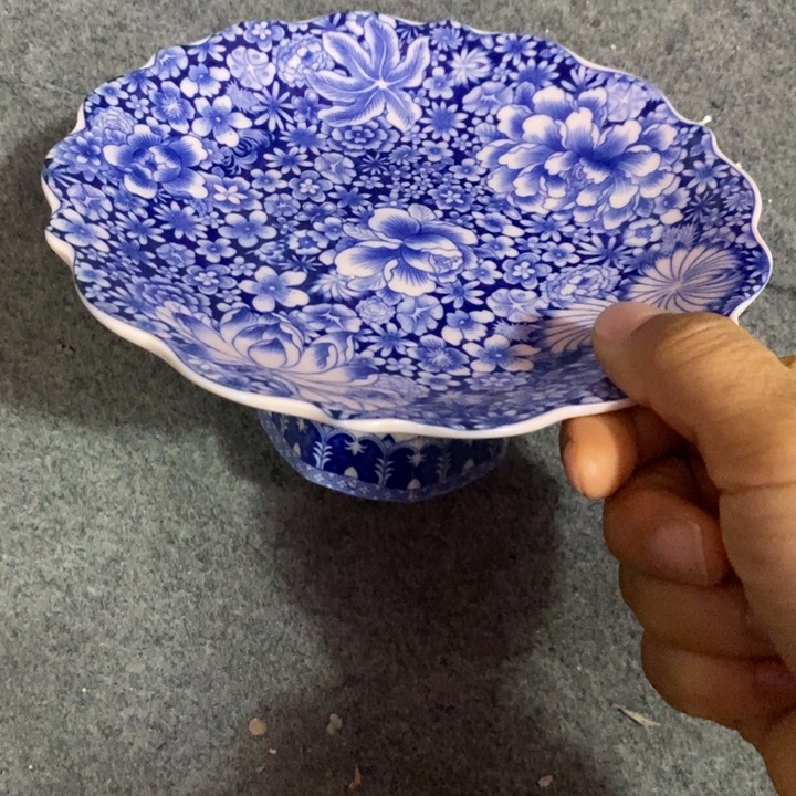 摆件陶红稀土青花万花花口高脚果盘