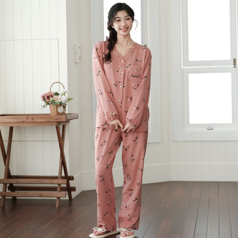 芬腾A569女士纯棉V领小碎花开衫长袖休闲舒适宽松全棉家居服套装