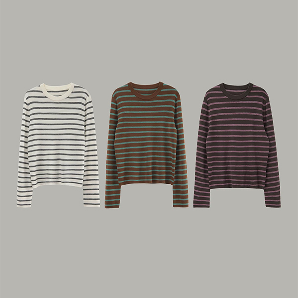 戎柠【RONGNING】经典条纹撞色圆领针织衫T恤精仿羊毛时尚女装上衣