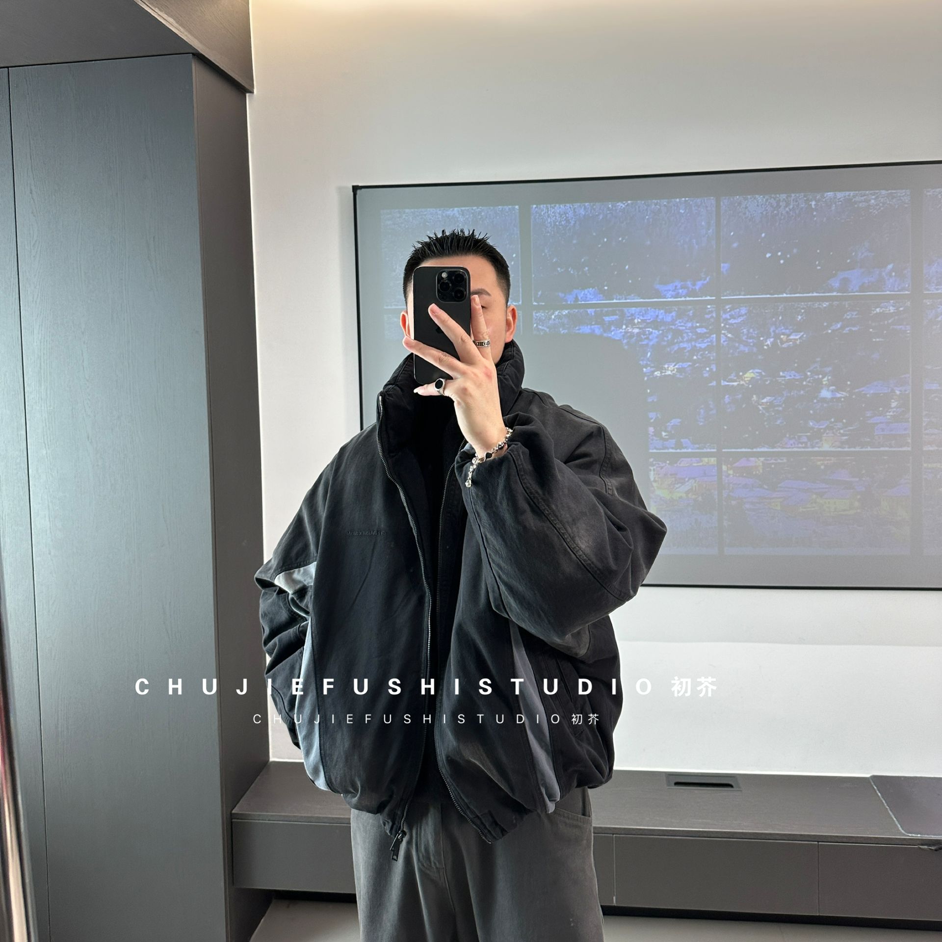 CHUJIE巴黎复古做旧立领牛仔羽绒服廓形加厚保暖羽绒外套男