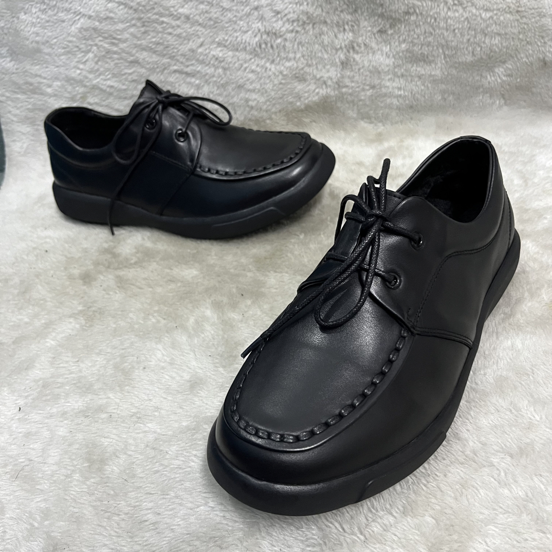 黑色牛皮里外全真皮系带软底舒适吸汗圆头耐磨休闲皮鞋素面678821