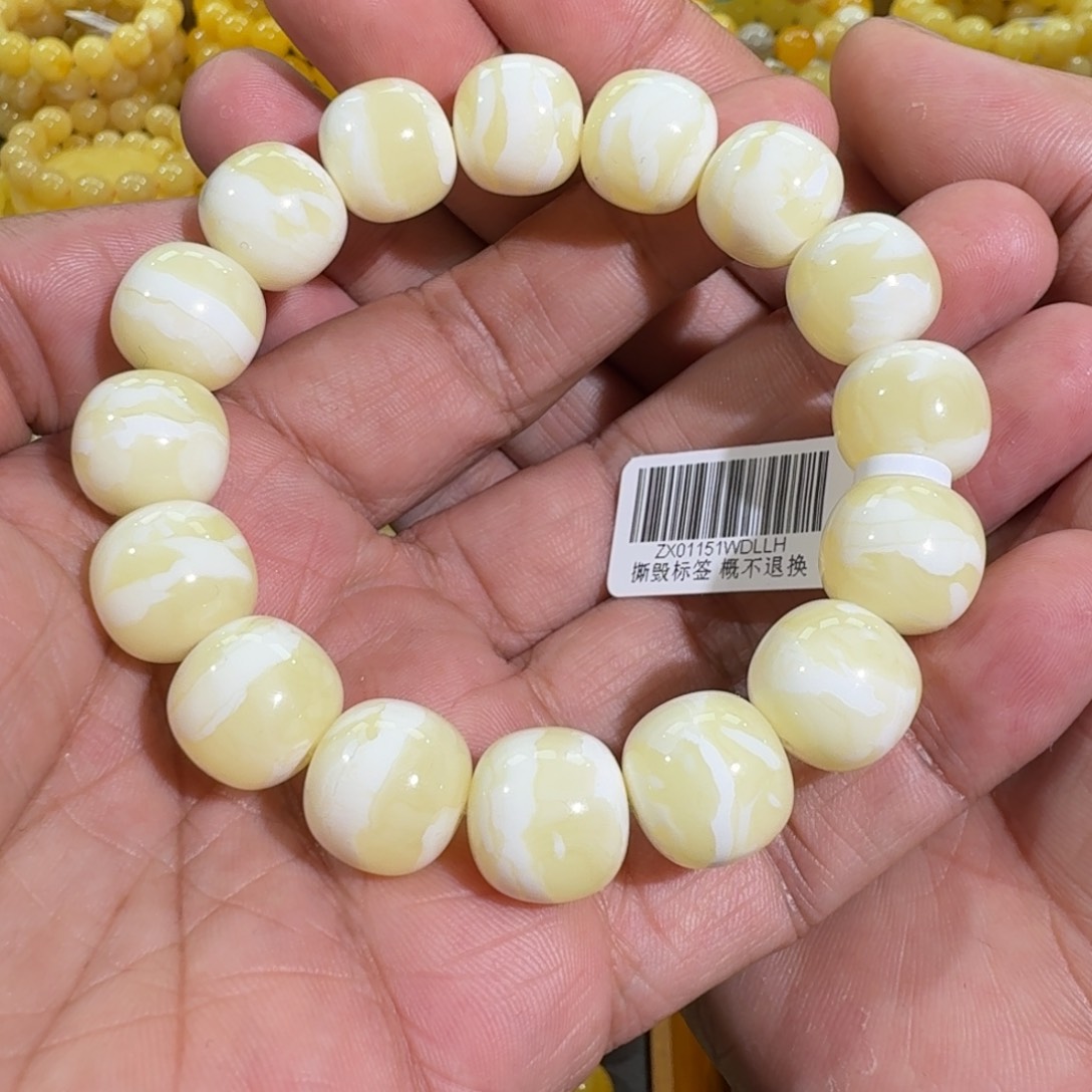 琥珀手链未镶嵌13m焦皮同料老型瓷白花蜡串26.3克