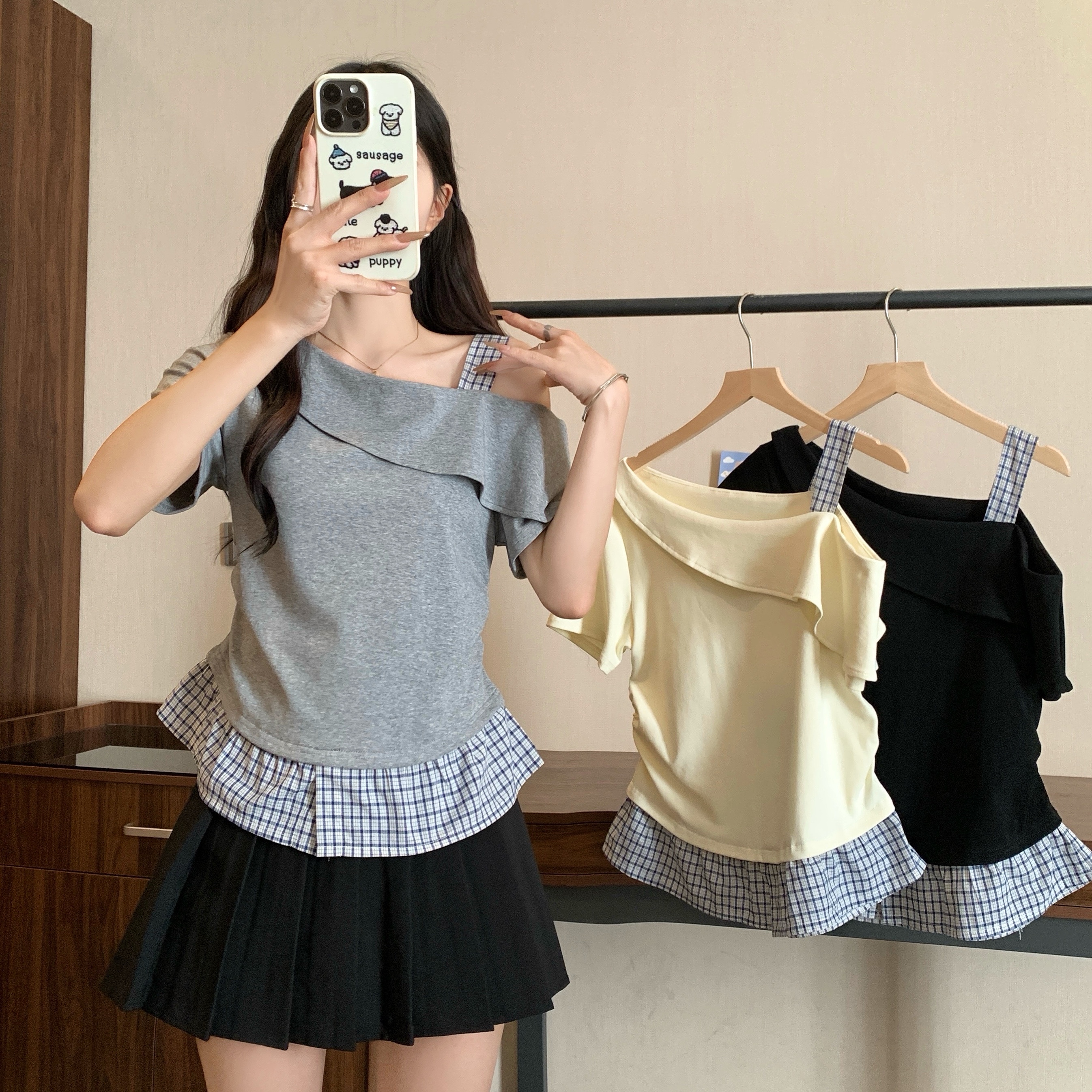 【涵胖胖】Q2025年大码女装新款斜肩收腰显瘦拼接短袖T恤上衣3210