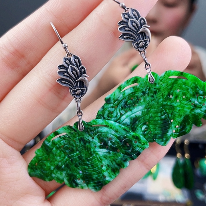 翡翠耳饰银S925镶嵌饰品