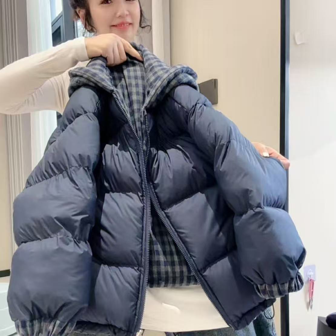 男中大童冬季格子双面穿棉衣新款冬装宽松棉服保暖外套M8299