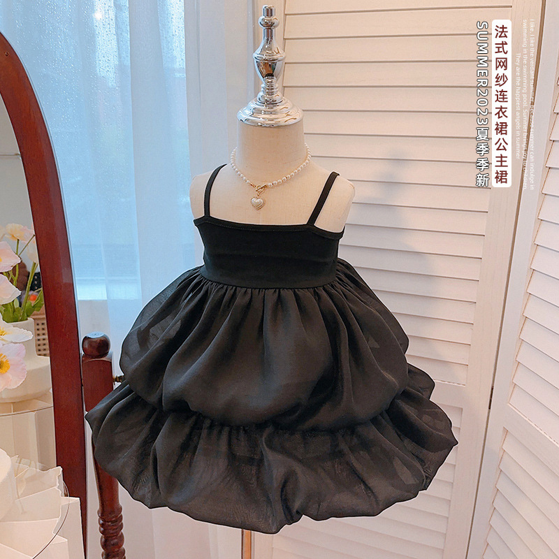 夏款法式网纱短裙女童暗黑风褶皱蓬蓬裙吊带高腰连衣裙TX356