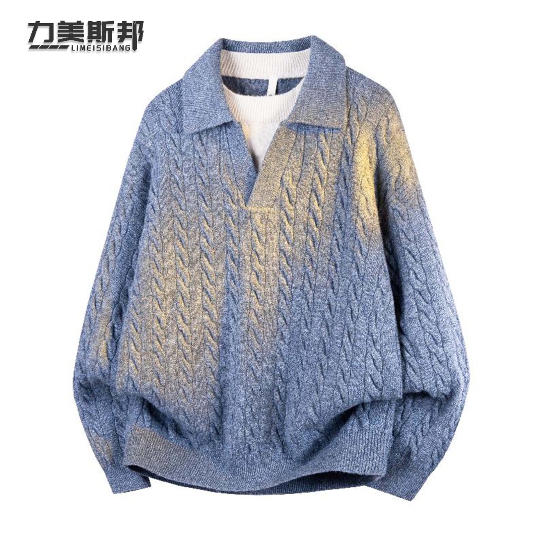 【莫奈】新款麻花纹套头针织衫男装春秋季美式休闲POLO领毛衣