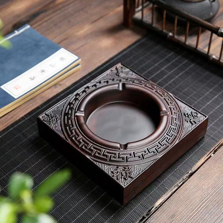 【福利款】黑檀实木烟灰缸整木雕刻高级感中式风格居家实用之选