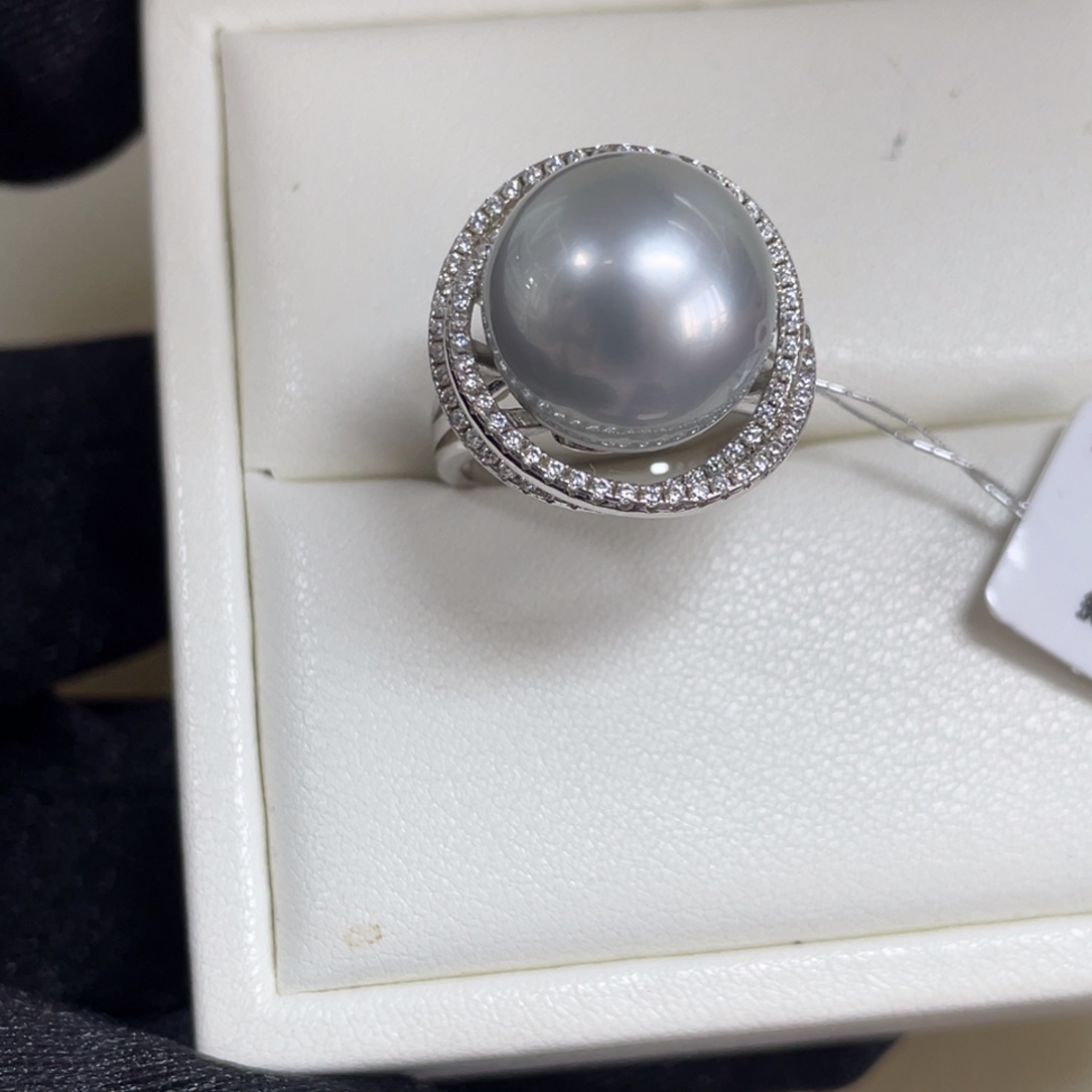 戒指海水珍珠银S925镶嵌14.0mm