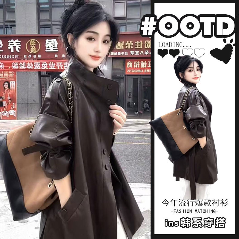 欧货气质女装时尚轻奢秋季新款女神范减龄长款收腰减龄皮衣外套女