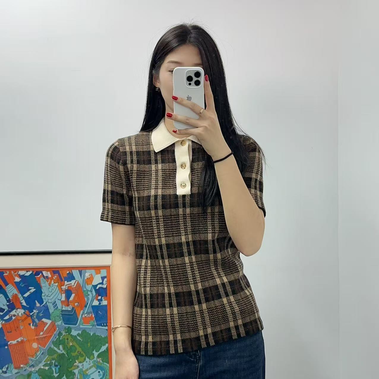 95新 BURBERRY/博柏利 格子短袖XS码棕色/250714CWHBD06