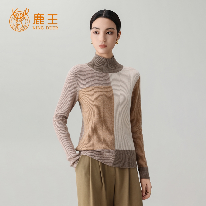【专柜新品】鹿王半高领100山羊绒抽条修身秋冬套衫 912512330