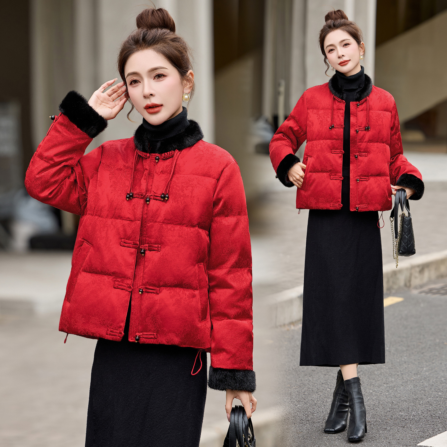 新中式国风提花羽绒服女2025冬季新款轻奢高级感加厚保暖红色外套