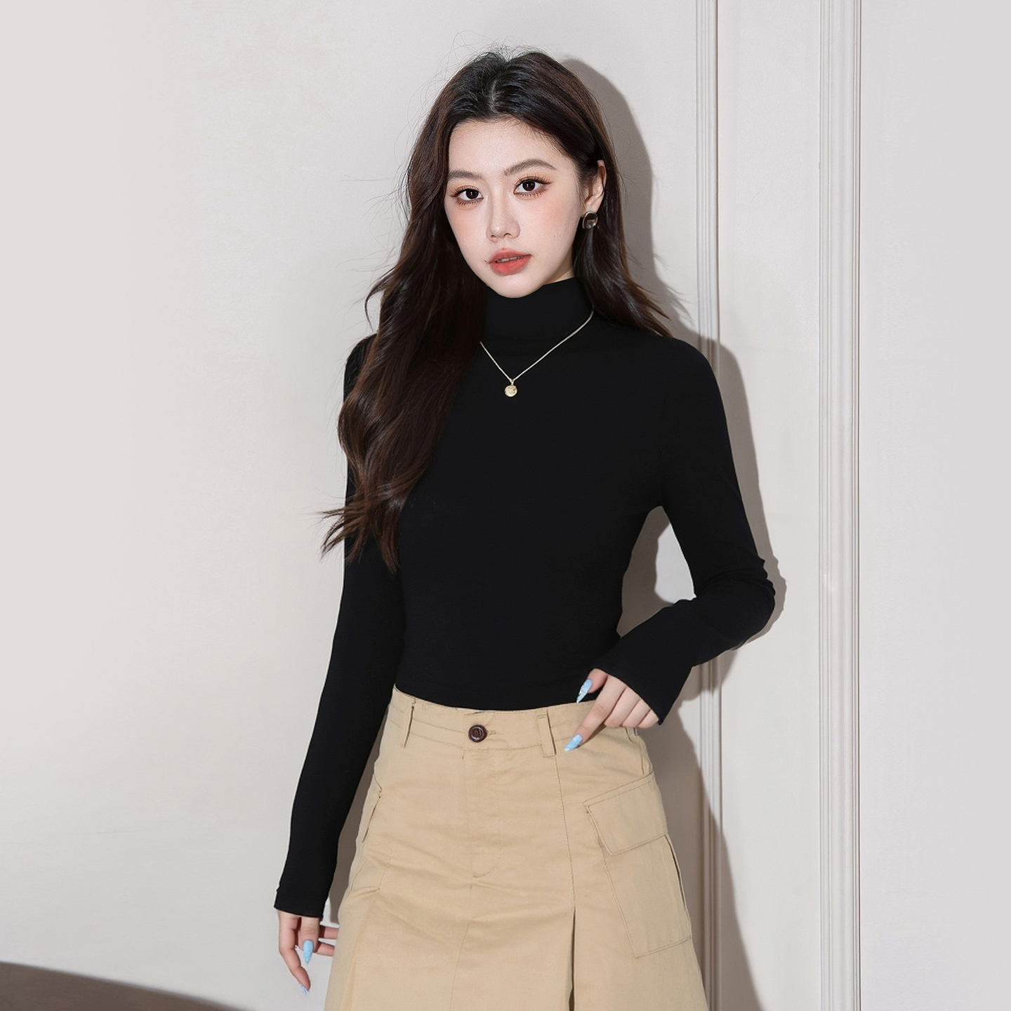 高领齐腰长袖打底衫女秋冬内搭2025新款修身显瘦盖肚脐款上衣嘻