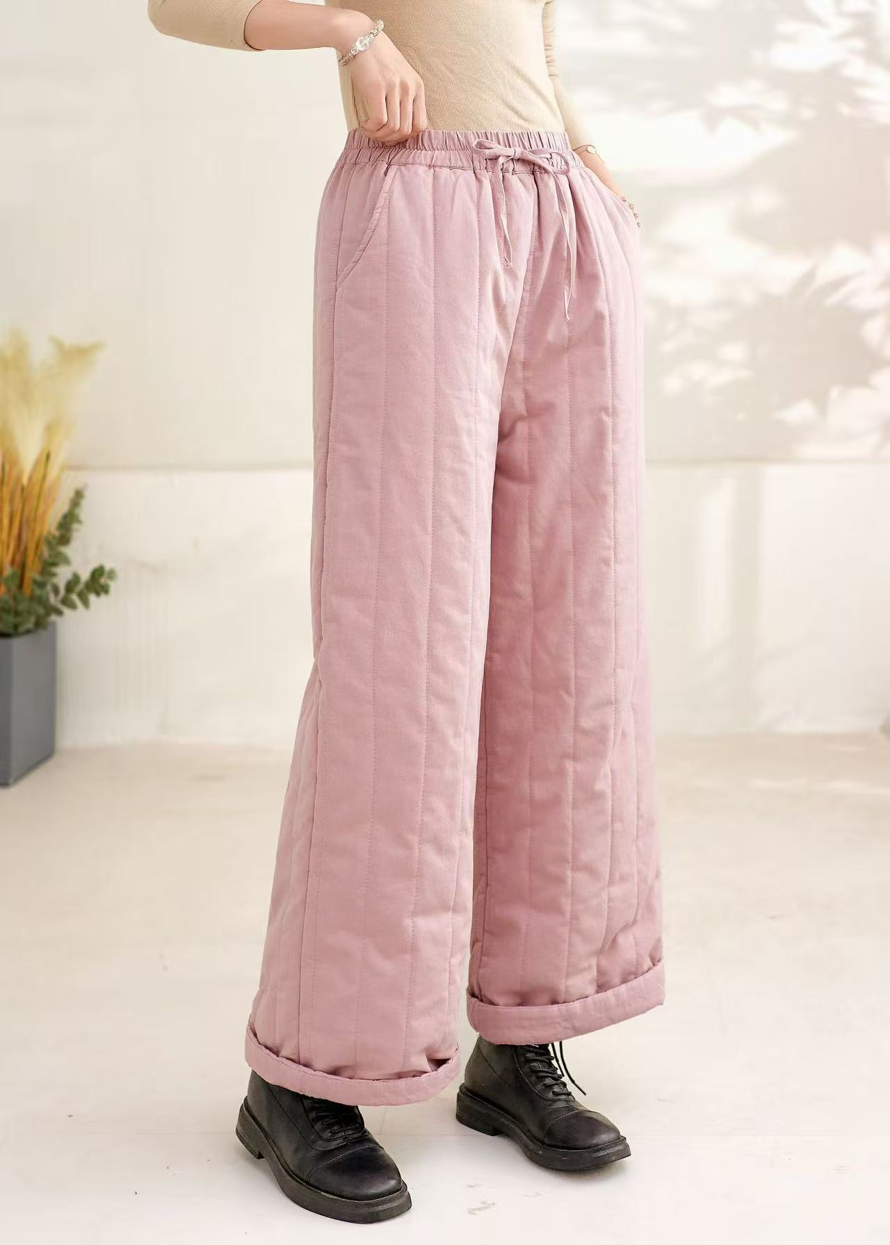 2025中式提花夹棉棉裤女冬季新款松紧腰保暖加厚窄版阔腿裤