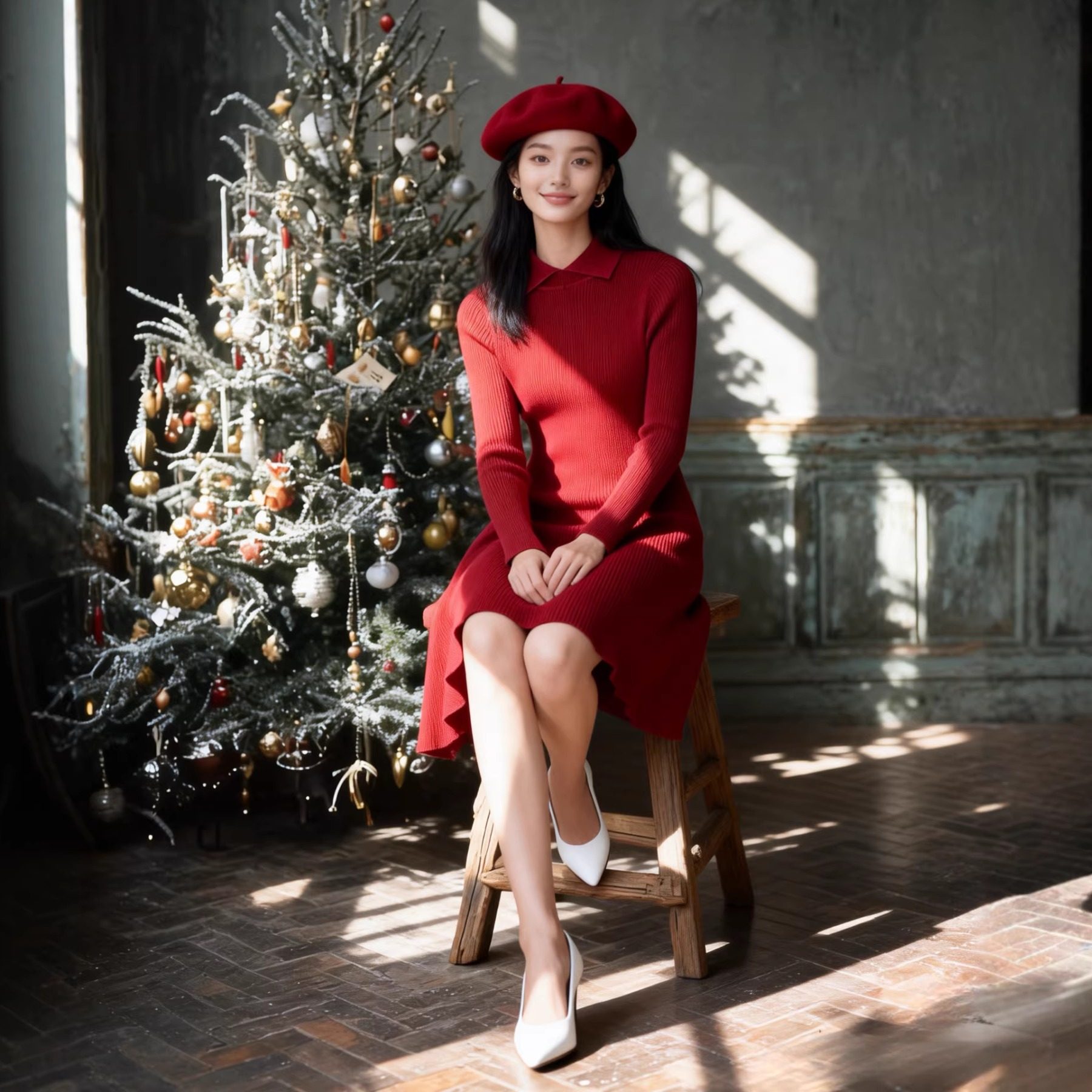 学院女神｜翻领弹力外穿针织裙3003｜红色曲线美学修身复古连衣裙