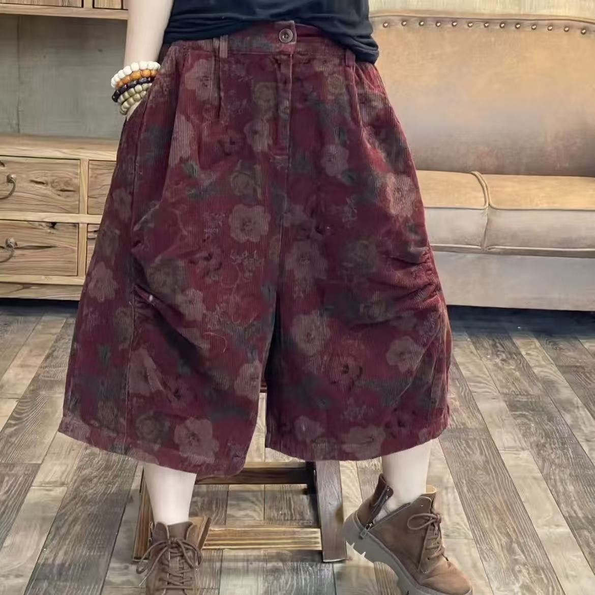 33 9991 秋季新品花色灯芯绒大码休闲百搭女士裤子 臀围152长61