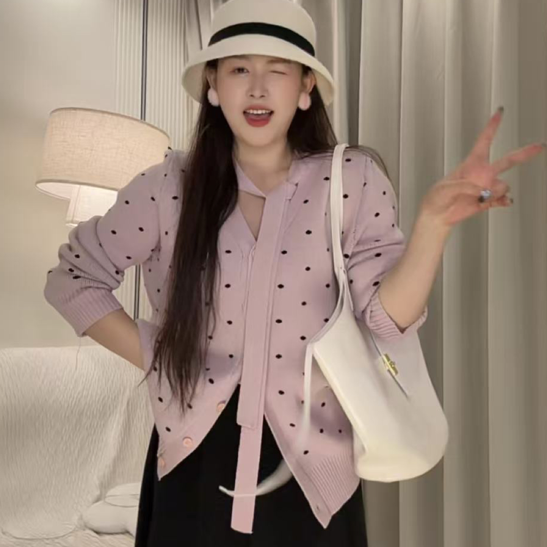 7033大码女装灰色波点蝴蝶结系带毛衣开衫外套秋冬内搭针织上衣