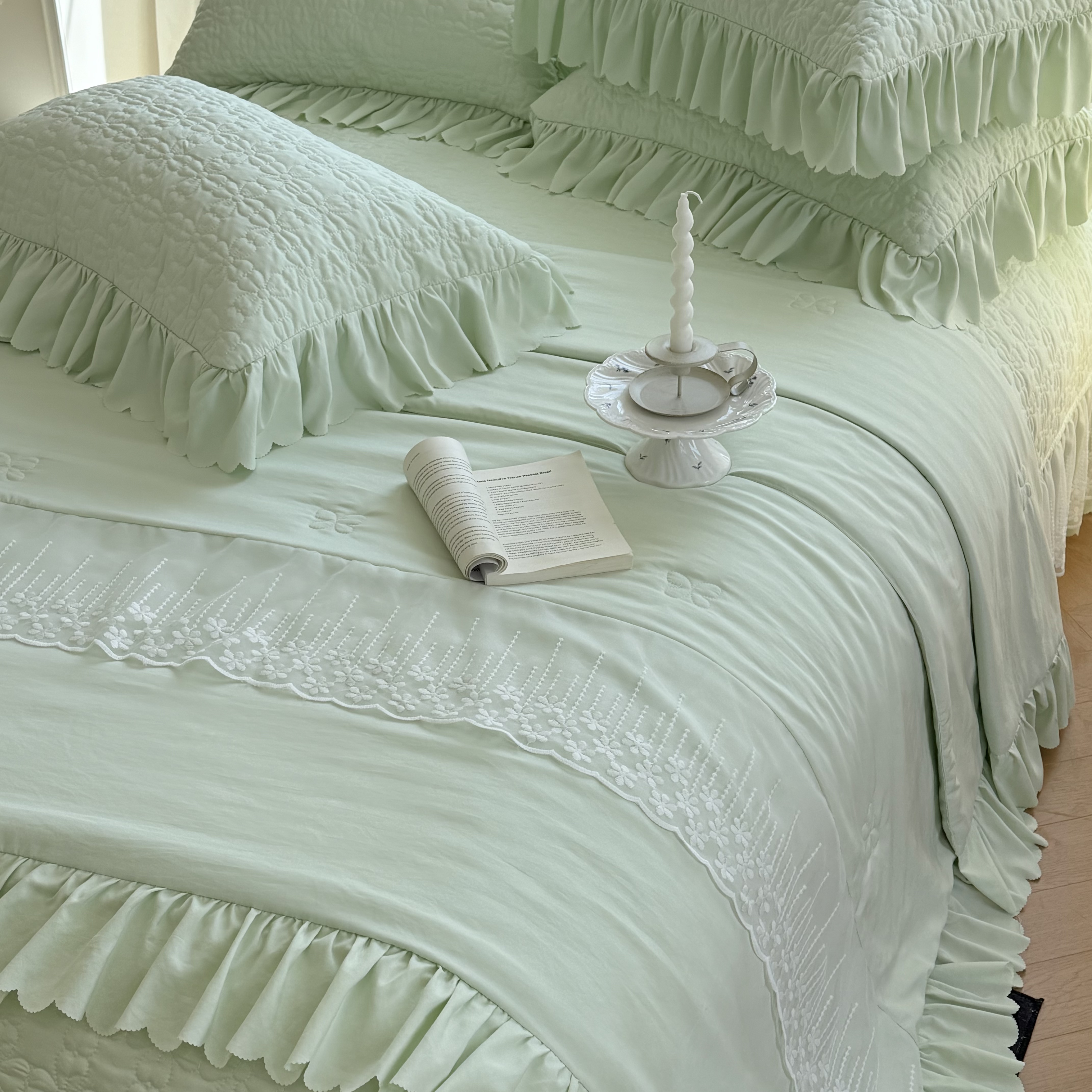 夏季凉感丝四叶寄夏蕾丝边夏凉被四件套可水洗亲肤薄款空调被子