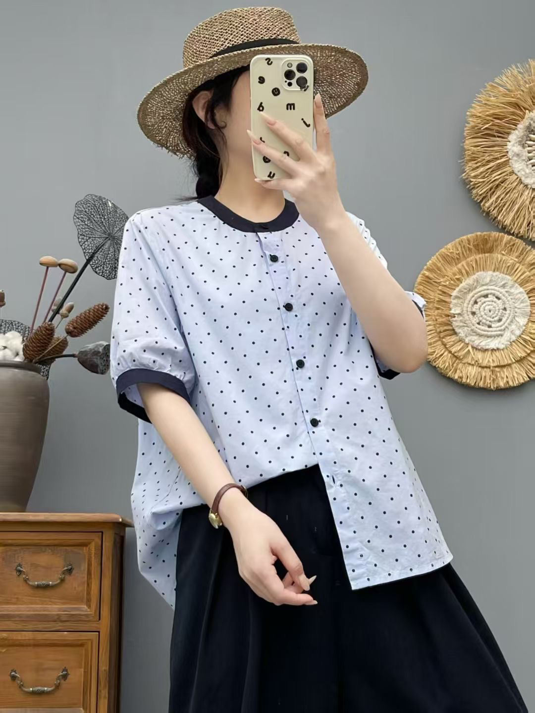 夏季薄款立领拼色波点印染宽松中袖女士衬衫百搭减龄6660