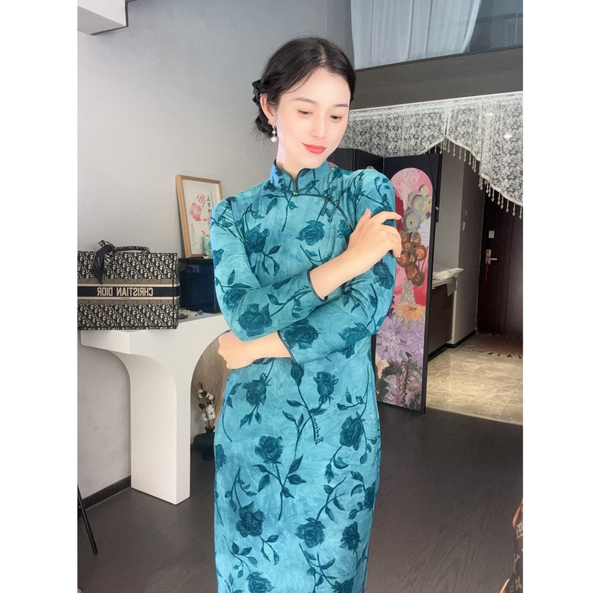 【多多】CIXU瓷叙 玫瑰 显瘦针织植绒扎染复古旗袍连衣裙 2531S12