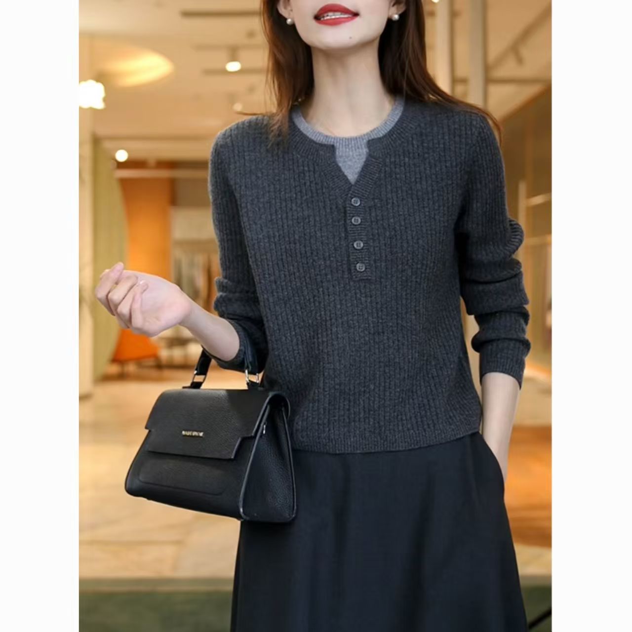 【专柜正品】灰色半开领针织打底衫女秋冬新款内搭假两件毛衣套头