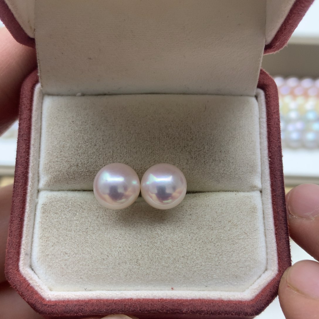 海水珍珠耳饰18K金镶嵌8.5-9akoya素钉