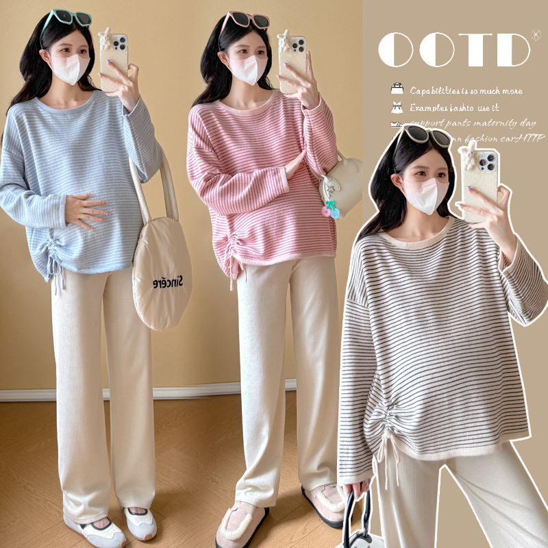 孕妇上衣2025秋冬新款圆领条纹毛衣时尚休闲宽松显瘦百搭孕妇装