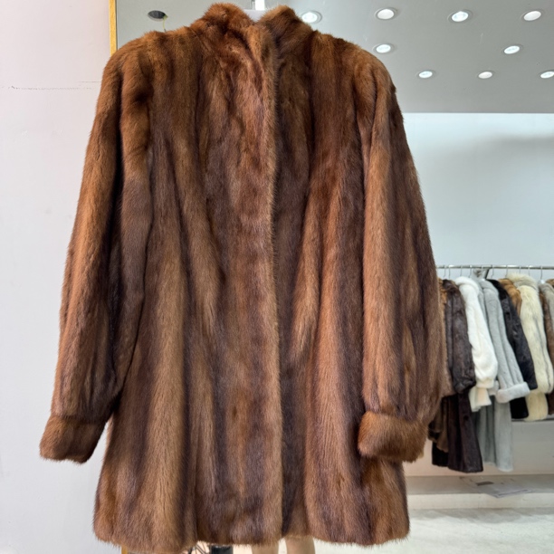 【L1687】棕色立领中长款收口袖（胸围102衣长80）天然皮草上衣大衣