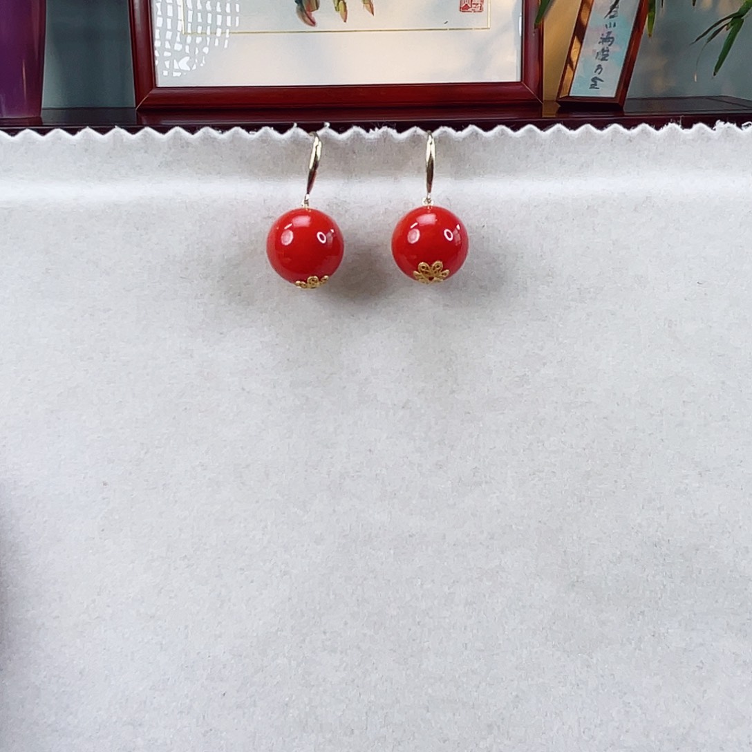 南红玛瑙耳饰18K金镶嵌南红12.6