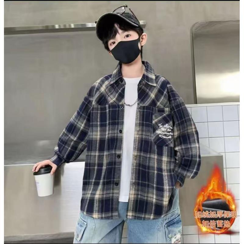 201092童装男童格子外套2025秋冬季男童韩版洋气潮酷加绒格子外套