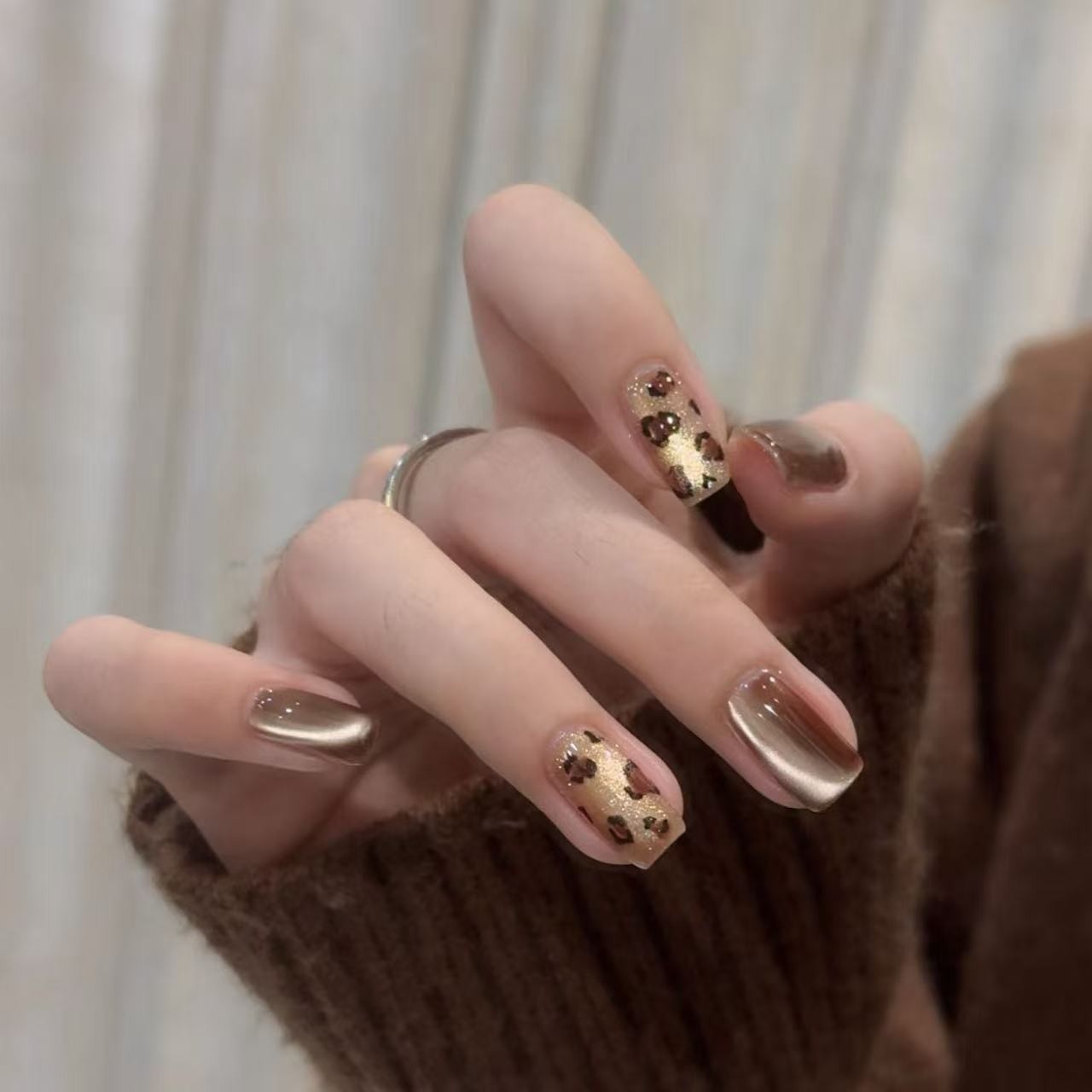 【秋棕豹纹】纯手工穿戴甲秋冬猫眼豹纹时尚气质穿戴式